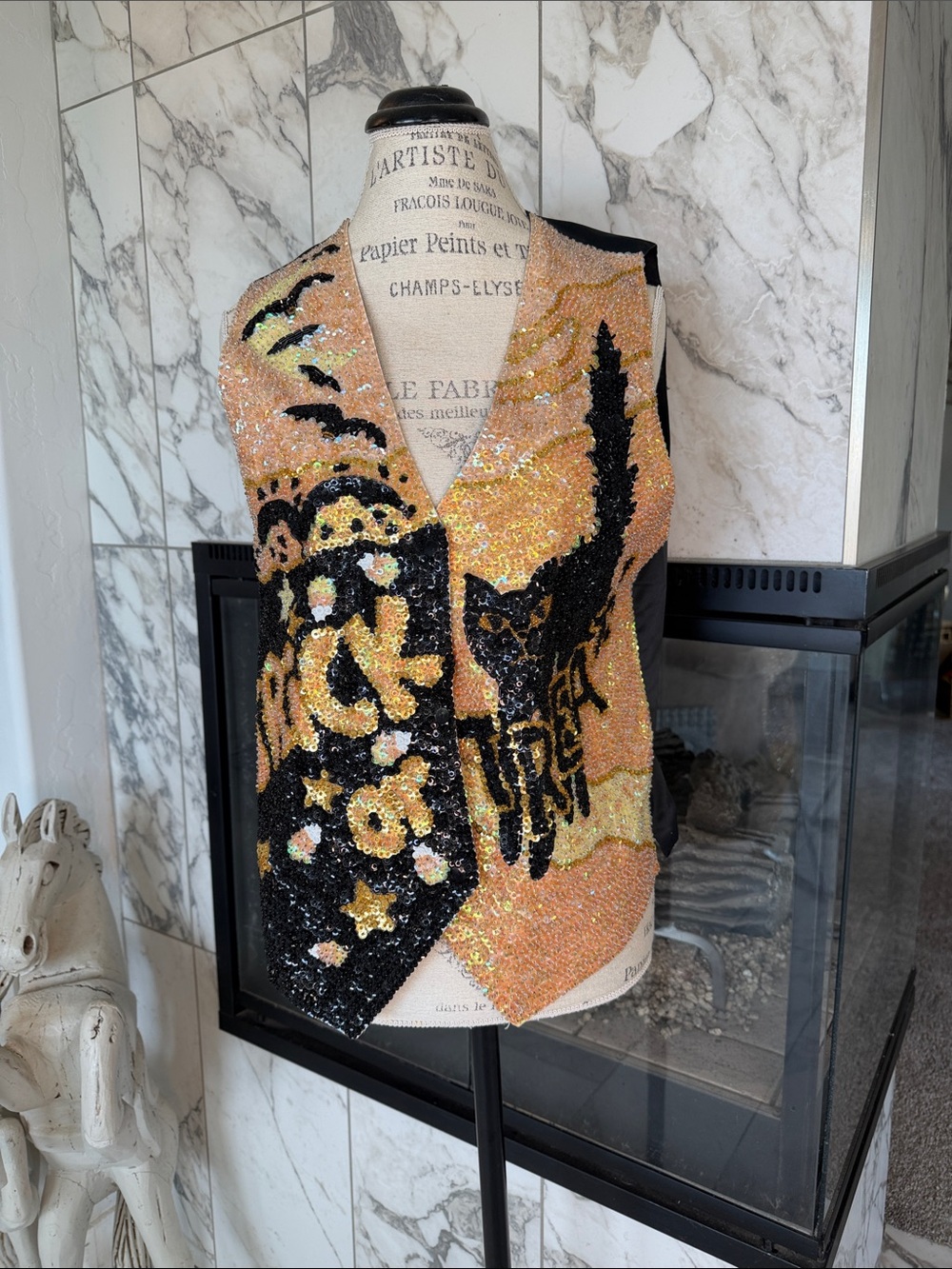 Vintage Halloween Sequined Black Cat and Trick or Treat Vest Y2K OneSize